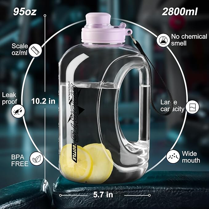 Half Gallon Water Bottle, 95 OZ/ 2.8 L with Straw, Large Water Bottle with Portable Handle, Big Water Jug with Portable Strap, Gym Water Jug for Drinking and Sports Outdoor