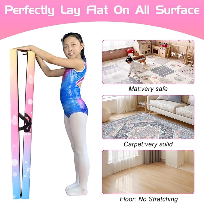 8FT Folding Balance Beam -Gymnastics Floor Beam -Gymnastics Equipment for Kids,Wood core- Anti-Slip Bottom and Carrying Bag for Home
