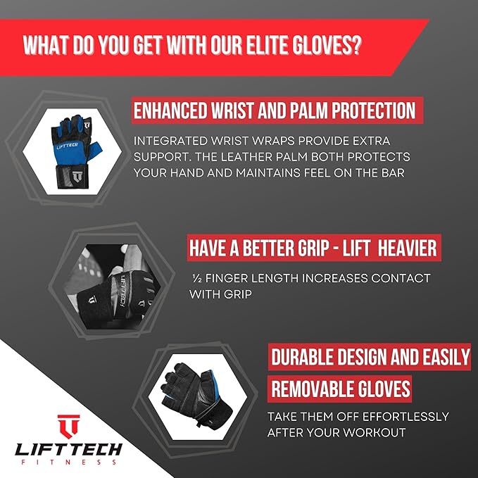 Lift Tech Men's Elite Weight Lifting Gloves with Wrist Support - Weight Lifting Gloves for Men Into Weights, Strength Training, Powerlifting - Washable Wrist Support Gloves - Blue & Black - L