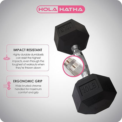 HolaHatha Hexagonal Dumbbell Weights Set, Home Gym Equipment Set, Portable Weighted Exercise Dumbbells for Fitness, Training, and Lifting Workouts
