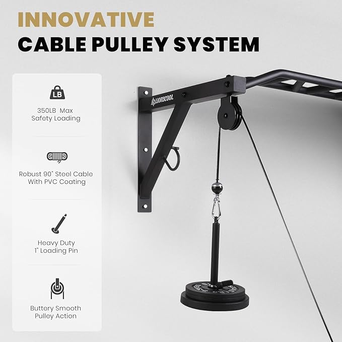 LIONSCOOL Multifunctional Wall Mounted Pull Up Bar with Pulley System, 48" and 16"/24" Multi-Grip Chin Up Bar, Cable Pulley Attachments Included, Perfect for Upper Body Workouts