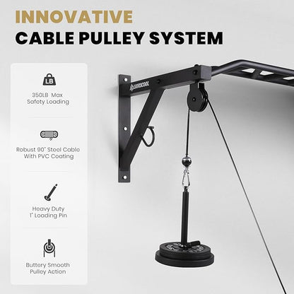 LIONSCOOL Multifunctional Wall Mounted Pull Up Bar with Pulley System, 48" and 16"/24" Multi-Grip Chin Up Bar, Cable Pulley Attachments Included, Perfect for Upper Body Workouts