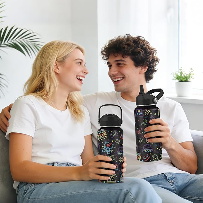 Gamer Water Bottle 32oz - Insulated Stainless Steel with Straw, Leak Proof Lid - Ideal Gaming Gifts for Kids Boys Teens - BPA-Free Sports Bottle for School, Travel & Gaming