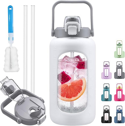 72oz Glass Water Bolttles, 3-in-1 Straw and Sip Spout Handle Lid, Half Gallon Water Bottle with Time Marker and Silicone Sleeve, BPA-Free Sports Water Bottle for Gym, School, White