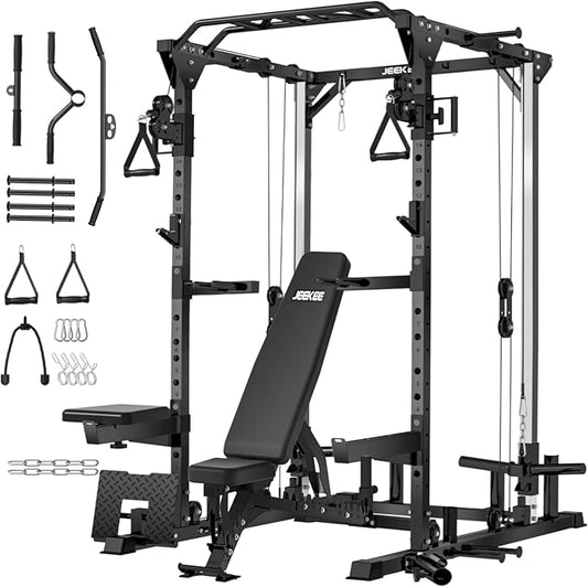 JEEKEE Power Cage with Cable Crossover System, 2000LB Multi-Function Power Rack with Independent Dual Pulleys, LAT Pulldown Seat Cushion, 20+ Attachments Squat Rack for Home Gym Workout