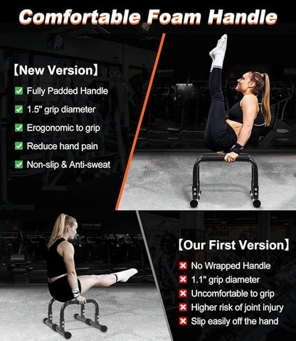 TABEKE Push Up Bar, 12" High Parallettes Bars & Dip Bar With Full-Cover Foam Handles, No Wobbling Calisthenics Equipment For Handstand, L-Sit, Gymnastics, Strength Training Home Gym