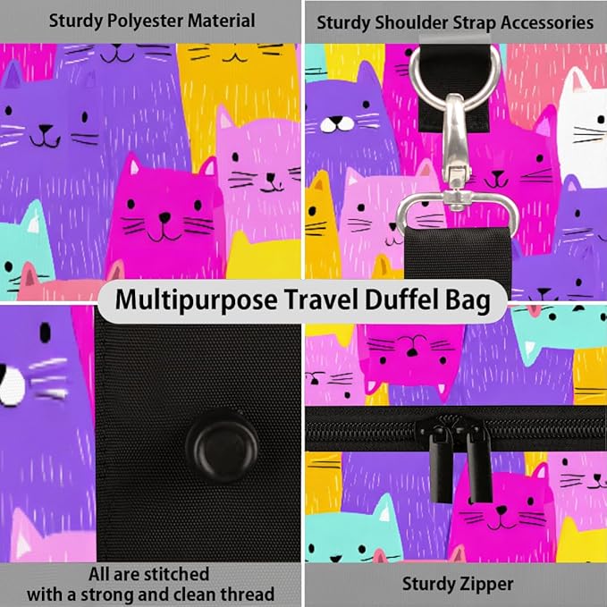 Travel Duffel Bag Colorful Cats Animals Waterproof Sport Gym Bag Foldable Travel Bag Overnight Bag Weekender Bag Handbag Sports Duffle Bags for Girls Women Men Boys