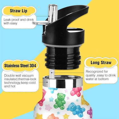 Kids Insulated Water Bottle for Boys Girls Colorful Gummy Bears Stars 20 oz Stainless Steel Travel Mug Sport Water Bottles for Gym School
