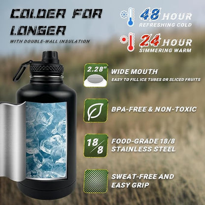 64 oz Insulated Water Bottle - Half Gallon Water Bottle with Sleeve Military Stainless Steel Water Jug with Handle for Men Sports Workout Hiking with Black Water Bottles Pouch