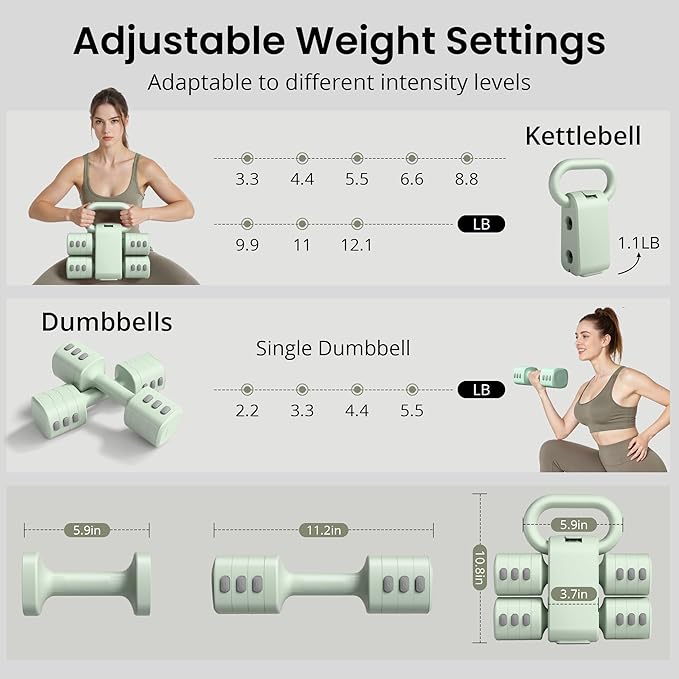 2-in-1 Adjustable Dumbbell Set for Women - 4 Levels (2.2lbs to 12.1lbs) - Home Gym Weights for Women at Home - Fitness Dumbbells