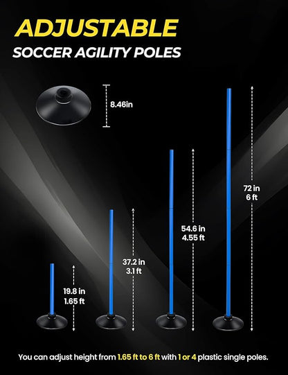 SEAOTTER Soccer Agility Poles Set, 4/6/10 Pcs 6ft Detachable Sports Trainning Speed Poles Slalom Poles with Rubber Base, Agility Training Equipment for Football, Rugby, Basketball, Indoor & Outdoor
