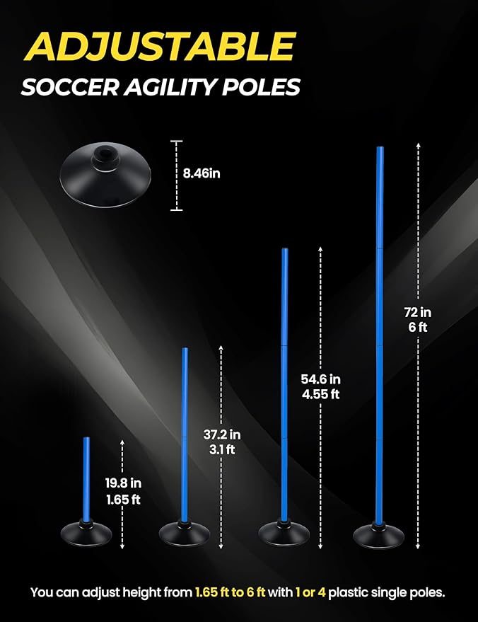 SEAOTTER Soccer Agility Poles Set, 4/6/10 Pcs 6ft Detachable Sports Trainning Speed Poles Slalom Poles with Rubber Base, Agility Training Equipment for Football, Rugby, Basketball, Indoor & Outdoor