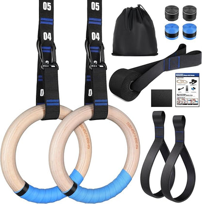 RENRANRING Gymnastic Rings Wooden Gym Rings 1.25'' Exercise Rings with Quick Adjust Numbered Straps, Olympic Rings for Home Gym Training, Workout, Calisthenics, Pull Up