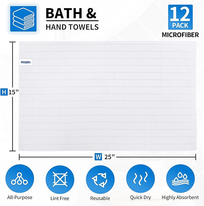 HOMERHYME Hand Towels, 12 Pack 25''*15'' White Microfiber Kitchen Bathroom Hand Towels, All-Purpose Quick Dry Lint Free Soft Absorbent Bulk Checkered Washcloth Bath Towels for Travel Gym Hotel