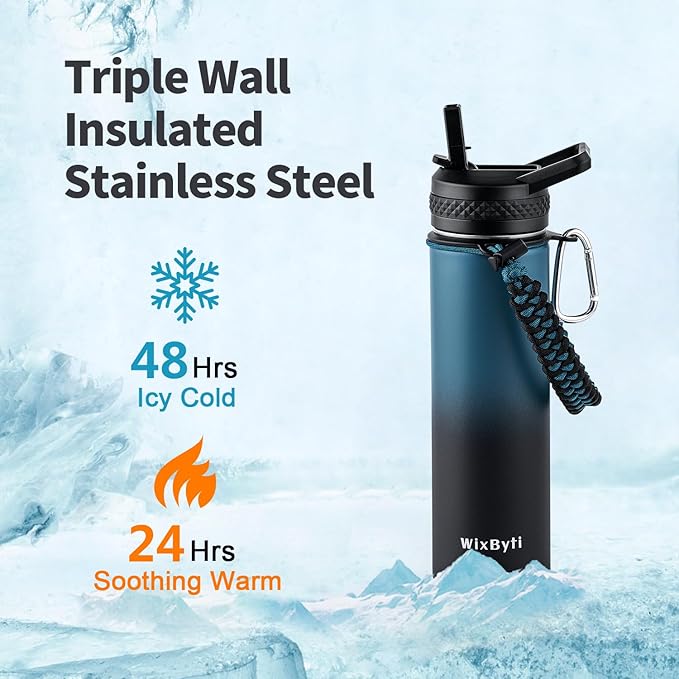 20 oz Insulated Water Bottle with Straw (Cold for 24 Hrs), Stainless Steel Triple Wall Vacuum Sports Water Jug, Leakproof Hydro Cup Flask with Paracord Handle & Straw Spout Lids & DIY Stickers
