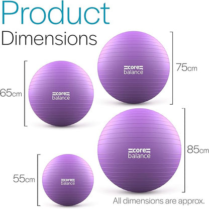 Core Balance Exercise Ball, Stability Ball for Yoga, Pilates and Fitness, Gym Ball for Home Gym and Office Chair, Training, Physical Therapy, Anti Burst, Pump Included, 55cm 65cm 75cm 85cm