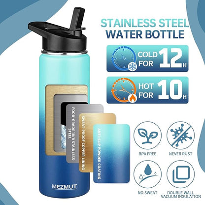 MEZMUT Insulated 24oz Stainless Steel Water Bottle with Straw & 2 Lids - Sports Metal Cup - Double Walled Vacuum Insulated Bottle - Leak-Proof Travel (Gradient Blue)