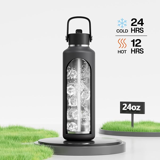 POWCAN 24 oz Stainless Steel Slim Water Bottle: Sweatproof, Flex Cap, Lightweight, Standard Mouth, Top Handle, Vacuum Insulated Flask with straw for Office, Home, Commute, Workouts, Boy (Stone Gray)