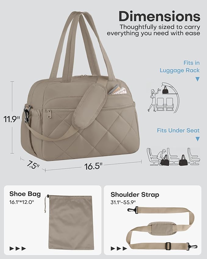 HOTOR Gym Bag for Women - Lightweight Travel Duffle Bags with Wet Pocket & Separate Shoe Bag, Multi-Pocket Carry on Weekender Duffel for Sports, Fitness, Overnight Trip, Brown, 16.5" x 7.5" x 11.9"