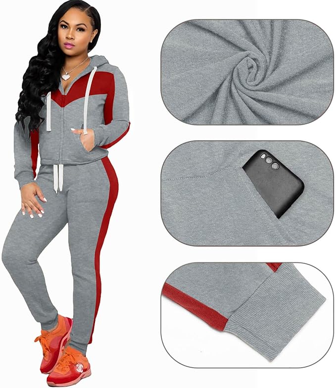 CLOCOR Track Suits for Women Set - Casual 2 Piece Outfits Sweatsuit Pocket Hoodies Long Sleeve with Patchwork Pants Set