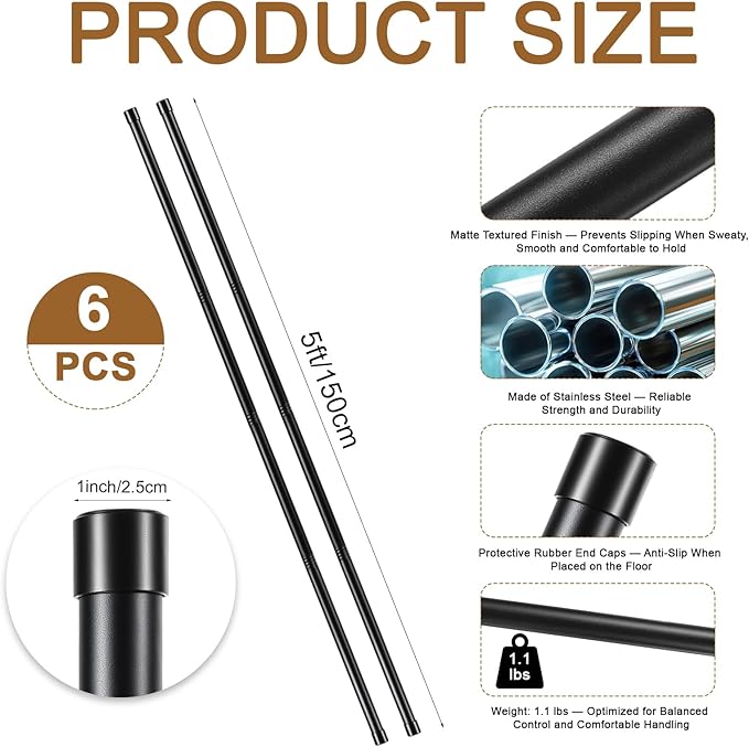 6 Set 5ft Yoga Stick Adjustable Stretching Sticks, Black Exercise Stick with Non-slip Rubber Ends, Posture Corrector Stretch Tool for Mobility Training, Workout, Balance Fitness (Per Set 5ft, Black)