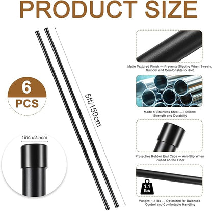 6 Set 5ft Yoga Stick Adjustable Stretching Sticks, Black Exercise Stick with Non-slip Rubber Ends, Posture Corrector Stretch Tool for Mobility Training, Workout, Balance Fitness (Per Set 5ft, Black)