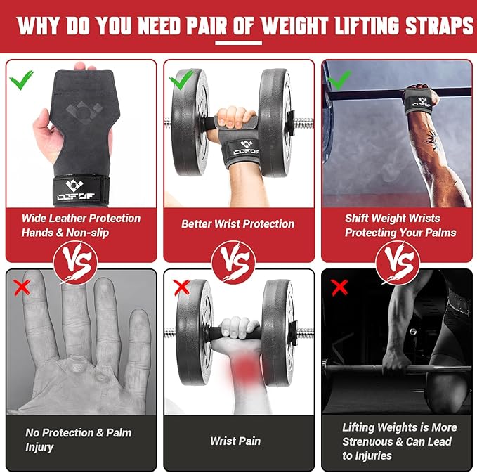 COFOF Weight Lifting Wrist Strap, Double Layer Leather Wrist Strap for Deadlift and Powerlifting, Adjustable Neoprene Padded Gym Workout Lifting Hooks (Pair)
