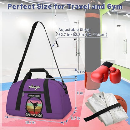 Custom Name Taekwondo Karate Duffle Bag for kids Girls - Personalized Martial Arts Gear Bag, Water-Resistant Sparring Equipment Bag, Taekwondo Purple