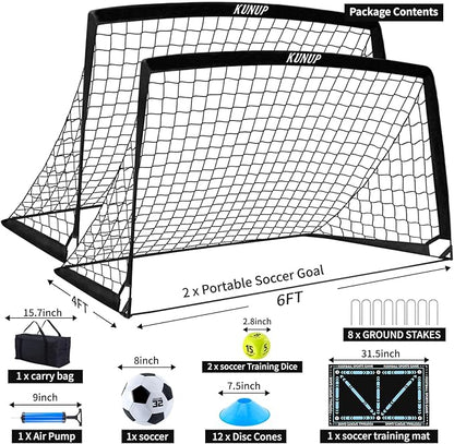 2 Set Kids Soccer Goals for Backyard with Training Equipment, Portable Foldable Practice Nets with Ball, Dice & Mat, Cones, Air Pump and Carry Bag for Toddler Youth Outdoor Sports Game