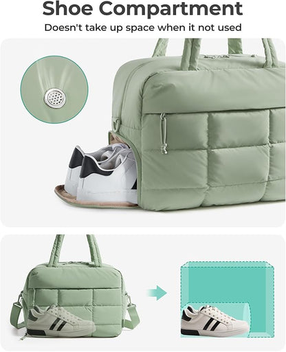 BAGSMART Gym Bag for Women, Carry on Travel Duffel Bag, Water-resistant Weekender with Shoe Compartment for Gym Travel Work, Green, Medium