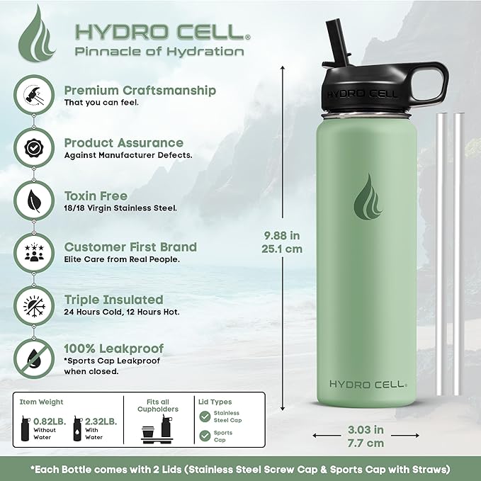 HYDRO CELL Stainless Steel Insulated Water Bottle with Straw - For Cold & Hot Drinks - Metal Vacuum Flask with Screw Cap and Modern Leakproof Sport Thermos for Adults (Sage 24oz)