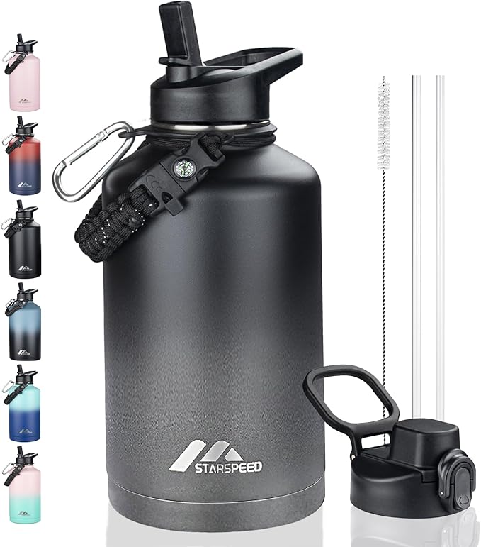 StarSpeed 64oz Insulated Water Bottle with Straws & 2 Lids, Half Gallon Stainless Steel Double Walled Vacuum Water Jug, Large Wide Mouth with Paracord Handle for Gym Camping Hiking, Dark Gray