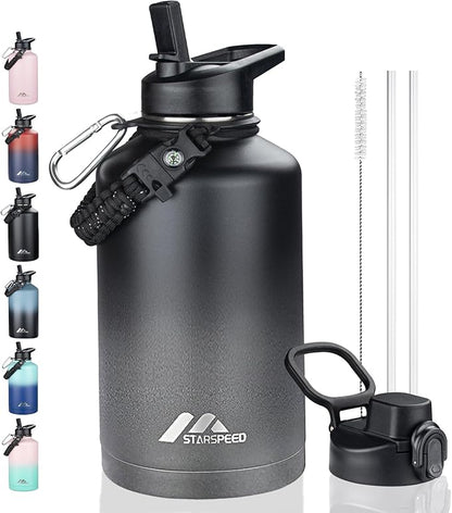 StarSpeed 64oz Insulated Water Bottle with Straws & 2 Lids, Half Gallon Stainless Steel Double Walled Vacuum Water Jug, Large Wide Mouth with Paracord Handle for Gym Camping Hiking, Dark Gray