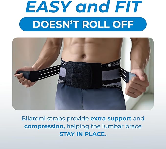 LP SUPPORT Lumbar Back Brace for Lower Back Support - 4 Semi-Rigid Stays with Bilateral Straps, Breathable Knit - For Weightlifting, Heavy Lifting - Men & Women (Large)