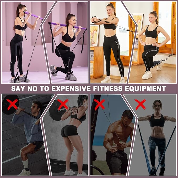 Pilates bar kit Multiple Fitness bar with Resistance Bands, Ab Rollers.Core Strength Training Equipment. Squat Machine for Men and Women.Portable Home Gym Pilates bar kit for Full Body Training Women