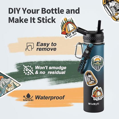 24 oz Insulated Water Bottle with Straw (Cold for 24 Hrs), Stainless Steel Triple Wall Vacuum Sports Water Jug, Leakproof Hydro Cup Flask with Paracord Handle & Straw Spout Lids & DIY Stickers