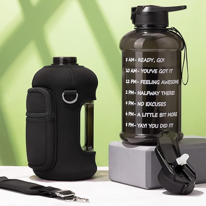 Fimibuke Half Gallon Water Bottle with Sleeve 64 OZ Water Bottle with Handle & Straw Leakproof Motivational Sports Gym Water Bottle with Time Marker BPA Free Water Jug with Reusable Neoprene Holder