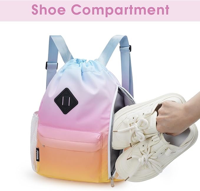 WANDF Drawstring Backpack Sports Gym Bag with Shoes Compartment, Water-Resistant String Backpack Cinch for Women Men (Small,Rainbow Gradient)