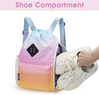 WANDF Drawstring Backpack Sports Gym Bag with Shoes Compartment, Water-Resistant String Backpack Cinch for Women Men (Small,Rainbow Gradient)