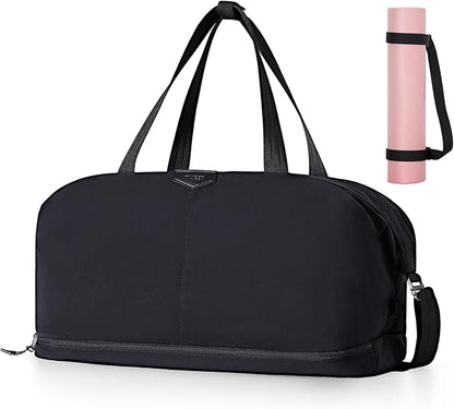 Timeet Expandable Gym Duffel Bag For Women with Yoga Mat Strap, 47L Sports Duffle Bag With Shoes Compartment&Dry Wet Pocket, Water Resistant Carry on Sports Weekend Travel Overnight Bag, Ink Black