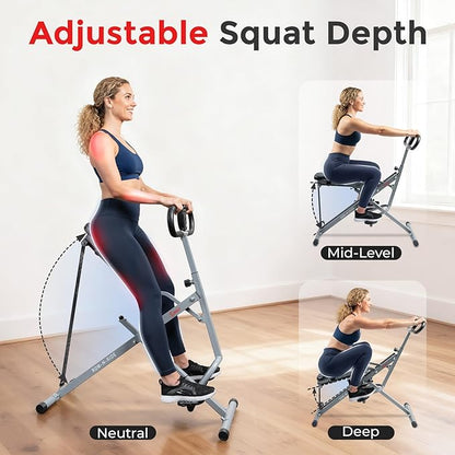 Sunny Health & Fitness Row-N-Ride Squat Machines, Adjustable Resistance and Seating/Handle for Home Glutes Training, SunnyFit App Access Included, Optional 300LB Weight Capacity