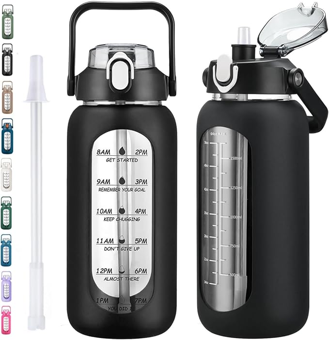 kytffu 64oz Glass Water Bottles with Straw, Half Gallon Motivational Glass Bottle with Silicone Sleeve and Time Marker, 2L Leakproof Large Glass Water Jug for Gym Home Office,Black