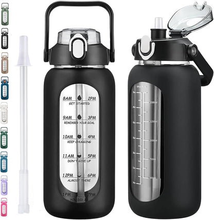 kytffu 64oz Glass Water Bottles with Straw, Half Gallon Motivational Glass Bottle with Silicone Sleeve and Time Marker, 2L Leakproof Large Glass Water Jug for Gym Home Office,Black