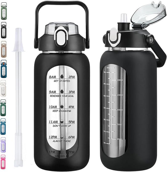 kytffu 64oz Glass Water Bottles with Straw, Half Gallon Motivational Glass Bottle with Silicone Sleeve and Time Marker, 2L Leakproof Large Glass Water Jug for Gym Home Office,Black