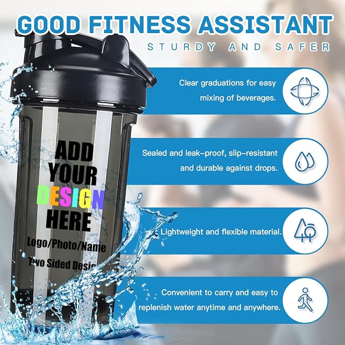 Custom Shaker Bottles 18 Oz for Men Women, Personalized Shaker Bottle with Handle Add Your Own Name Logo Picture - Easy Clean Sports Water Cups, Black