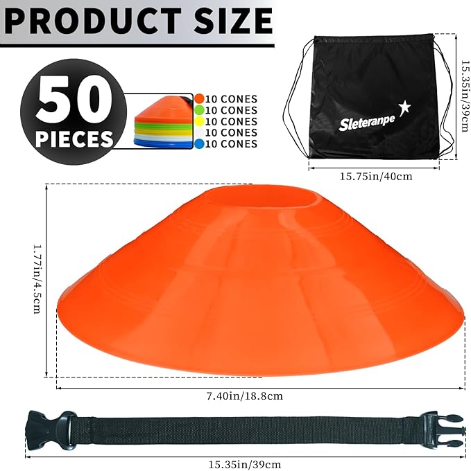 Pro Disc Cones (Set of 50) – Soccer Cones for Training with Drawstring Bag & Strap – Agility Cones for Basketball, Football, and Sports Drills