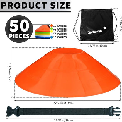 Pro Disc Cones (Set of 50) – Soccer Cones for Training with Drawstring Bag & Strap – Agility Cones for Basketball, Football, and Sports Drills