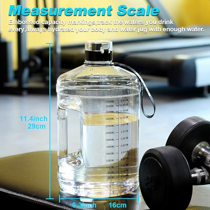 Gallon Big Water Bottle with Handle, 128oz Leakproof BPA Free Fitness Sports Water Bottle with Motivational Time Marker & Wide Mouth Ensure You Drink More Water