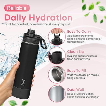 Y TOP 18 oz Insulated Water Bottle Leak Proof Spout Lid Fits in Car Cup Holder – Double Wall Dishwasher Safe Easy Clean stainless steel drinking water bottle for Gym Kids Sports Travel Hiking School