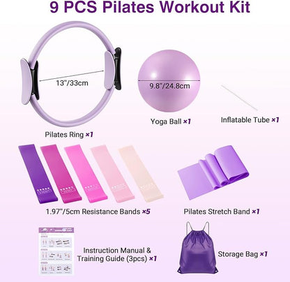 Rhino Valley Home Pilates Kit for Women, Pilates Equipment with 13'' Magic Circle, Mini Ball, 5 Resistance Bands, Bag & Guides, Beginner Home Workout Essentials Set for Full-Body Exercise